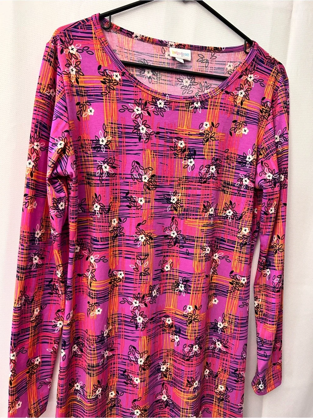 LuLaRoe Purple Floral Plaid Long‎ Sleeve Dress